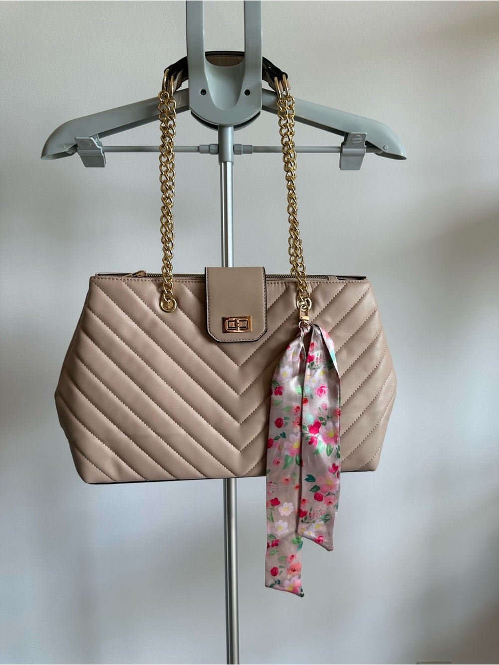 Ardene Taupe Quilted Shoulder Bag with Gold Chain and Floral Scarf